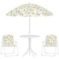 Conjunto infantil de mesa e cadeiras de jardim 4 peças cadeiras dobráveis chapéu de sol ajustável design de elefantes branco