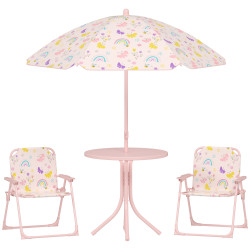Conjunto de mesa e cadeiras para crianças de jardim com cadeiras dobráveis chapéu de sol ajustável e desenho de raposas rosa