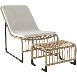 Conjunto de poltrona de jardim com apoio para os pés de vime sintético poltrona para exterior 65x93x80 cm madeira e bege