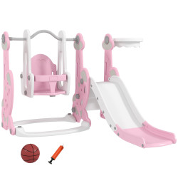 Escorrega infantil 4 em 1 parque infantil com baloiço e escorrega escalador cesto de basquetebol 147,5x160x107 cm rosa
