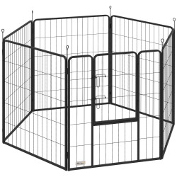 Parque para cães com 6 painéis de 100 cm de altura com porta para interior e exterior preto