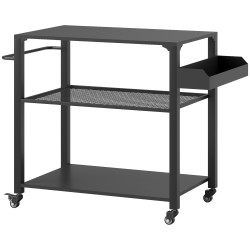 Carrinho de apoio para barbecue de 3 níveis com 4 rodas prateleiras mesa de apoio para forno de pizza 105x50x79 cm preto