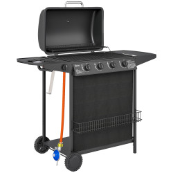 Barbecue a gás com 4+1 queimadores 12 kw termómetro mesa lateral grelha recolhedor de gordura 2 rodas 121x54x97 cm preto