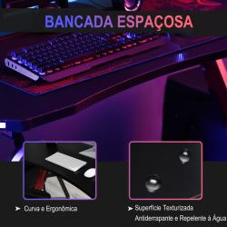 Mesa de Gaming com LED RGB Secretária de Computador com Porta Copos Gancho para Fone de Ouvido Suporte para Controle Gamepad e L