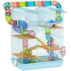 Gaiola para hamster de múltiplos níveis com sistema de tubos 4 plataformas e roda de exercício 47x30x59 cm azul claro