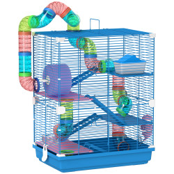 Gaiola para hamsters com túnel comedouro bebedouro casa rampas e roda de exercício 46x30x58 cm azul