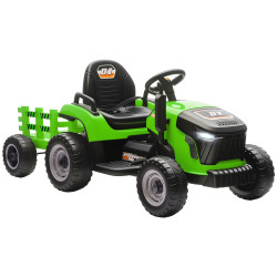 Trator elétrico para crianças com reboque desmontável bateria 12v velocidade 3-5 km/h controle remoto 2,4g 139x58x55 cm verde