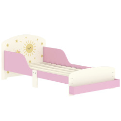 Cama infantil para crianças +3 anos 70x140 cm em madeira com armazenamento e desenhos de estrelas para dormitório rosa