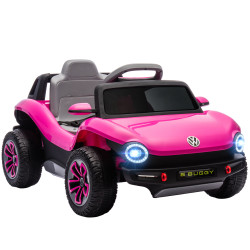 Carro elétrico para crianças volkswagen e-buggy bateria 12v com controlo remoto 2,4 g faróis LED música USB 98x56,5x47 cm rosa