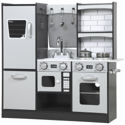 Cozinha de madeira com som cozinha de brincar infantil com acessórios em aço inoxidável frigorífico micro-ondas, lava-loiça 81x27x79,7 cm castanho escuro
