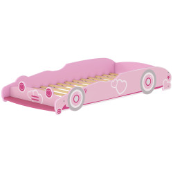 Cama infantil 70x140 cm em forma de carro com barreira de proteção e estrado para crianças de 3-5 anos rosa
