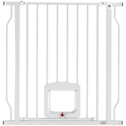 Barreira de segurança extensível para cães 75-85 cm para portas e escadas com portinhola pequena montagem por pressão duplo bloqueio branco