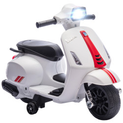Mota elétrica para crianças 6v com licença vespa rodas auxiliares velocidade de 2,5km/h farol e buzina 71x37x52 cm branco