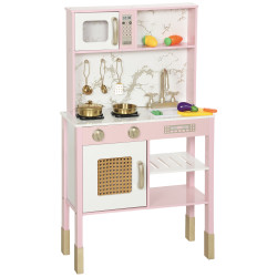 Cozinha de brincar em madeira com som acessórios em aço inoxidável micro-ondas forno lava-loiças legumes para cortar 55x24x96 cm rosa