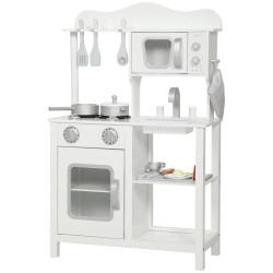 Cozinha de brincar em madeira com som acessórios lava-loiças micro-ondas e fogão 55x24x86 cm branco