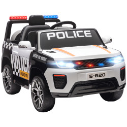 Carro elétrico para crianças de polícia 12v com motor duplo suspensão em 4 rodas sirene faróis LED porta USB bluetooth e música branco