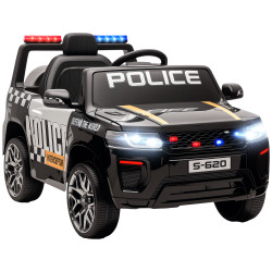 Carro elétrico para crianças de polícia 12v com motor duplo suspensão em 4 rodas sirene faróis LED porta USB bluetooth e música preto