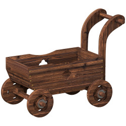 Carrinho de madeira decorativo vaso elevado com 4 rodas pega orifícios de drenagem 68x38x52 cm carbonizado