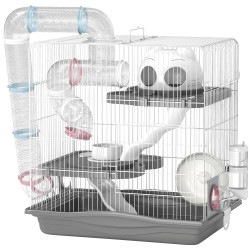 Gaiola para hamster 45x30x45 cm com túnel plataformas bebedouro rampas e roda de exercício cinza