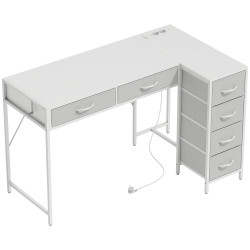Secretária de canto reversível com 6 gavetas 126x48 cm com tomada de energia porta USB e USB-c branco