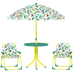 Conjunto infantil de mesa e cadeiras de jardim de 4 peças cadeiras dobráveis chapéu de sol desmontável design de selva verde