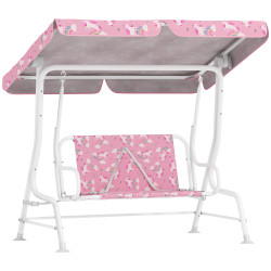 Baloiço de jardim exterior infantil de 2 lugares com toldo ajustável, cintos de segurança e design de unicórnio e arco-íris rosa