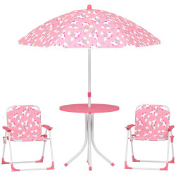 Conjunto infantil de mesa e cadeiras de jardim de 4 peças cadeiras dobráveis chapéu de sol desmontável design unicórnios rosa