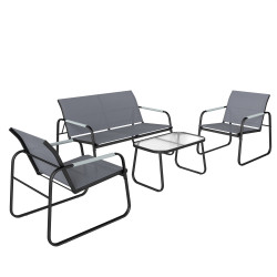 Conjunto de jardim exterior com 1 sofá de 2 lugares 2 poltronas e mesa com tampo de vidro temperado textilene respirável cinzento