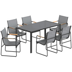 Conjunto de mesa e cadeiras de jardim de 7 peças com mesa de vidro temperado 6 cadeiras e estrutura em aço cinza
