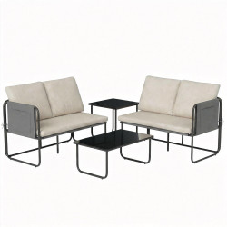 Conjunto de jardim de 4 peças móveis de exterior com 2 sofás de 2 lugares 2 mesas de vidro almofadas capas removíveis preto e bege
