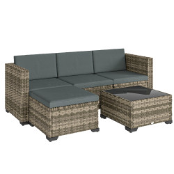 Conjunto de jardim em vime de 5 peças inclui almofadas 2 poltronas de canto poltrona sem braços apoia-pés e mesa de centro cinza escuro