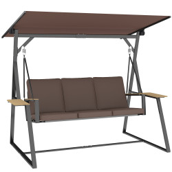 Baloiço de jardim de 3 lugares com teto ajustável upf50+ 2 bandejas almofadas e estrutura em metal 222x131x175 cm marrom