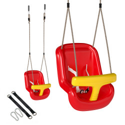 Baloiço infantil com corda ajustável, encosto alto e barra de segurança em t para interior e exterior vermelho