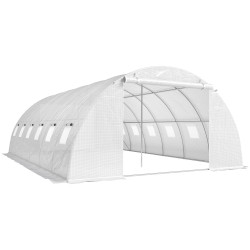 Estufa tipo túnel com 2 barras de suporte, 2 portas enroláveis e janelas com rede, cobertura de PE anti-UV branco