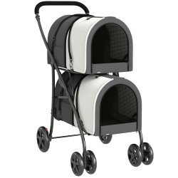 Carrinho duplo para cães e gatos dobrável com 2 transportadoras removíveis com cinto e almofadas 66x50x98 cm cinzento escuro