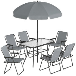 Conjunto de mesa e cadeiras de jardim de 8 peças com chapéu de sol 6 cadeiras dobráveis e mesa de vidro cinza