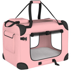 Transportadora dobrável para cães 60x41,5x41 cm com janelas de rede, almofada macia e 2 alças para mini cães e gatos rosa