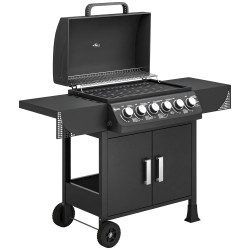Barbecue a gás com 6 queimadores 15 kw termómetro armário grelha de aquecimento bandeja de recolha de gordura 2 rodas 135x51x101 cm preto