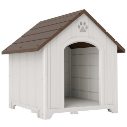 Casota para cães de exterior casa para cães grandes de plástico com 2 janelas base elevada estacas castanho escuro