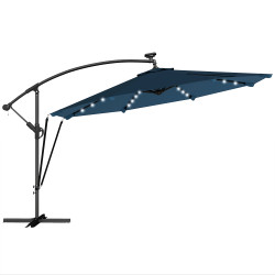 Chapéu de sol excêntrico com luzes LED solares ø345 cm base cruzada manivela capa protetora azul