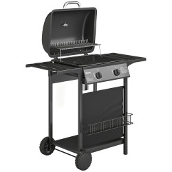 Barbecue a gás bbq com 2 queimadores de 5 kw termómetro mesas laterais prateleira grelha de aquecimento 2 rodas preto