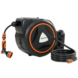 Carretel de mangueira para jardim 28+2 m com 12 modos de pulverização bloqueio automático e retracção controlada suporte orientável 180° laranja