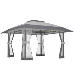 Tenda dobrável 4x4 m pop-up com duplo teto, 4 laterais de rede, altura ajustável, bolsa de transporte, upf30+, cinzento
