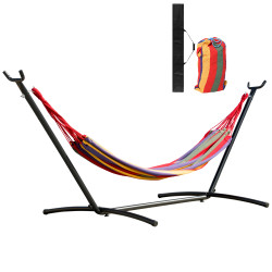 Cama rede com suporte de aço portátil com altura ajustável em 6 níveis com bolsa de transporte para jardim sala de estar carga máxima 150kg 200x150cm multicor