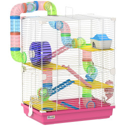Gaiola para hamsters com túnel comedouro bebedouro casa rampas e roda de exercício 46x30x58 cm rosa