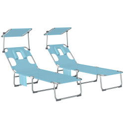 Conjunto de 2 espreguiçadeiras dobráveis com dossel 360° encosto 5 posições orifício facial 188x56x27 cm azul claro