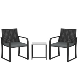 Conjunto de jardim 3 peças de vime com 2 cadeiras com almofadas tecido textilene e mesa de vidro temperado cinza
