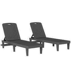 Conjunto de 2 espreguiçadeiras reclináveis de plástico PP com bandeja lateral encosto ajustável em 5 posições 192x57x28,5 cm cinzento