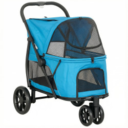 Carrinho para cães dobrável com 3 rodas janelas de rede almofada lavável todo o terreno carga 20 kg 92x63x95 cm azul