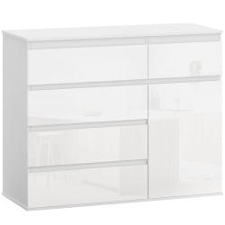 Aparador de sala com 5 gavetas prateleiras ajustáveis e porta com fecho suave 100x40x80 cm branco brilhante